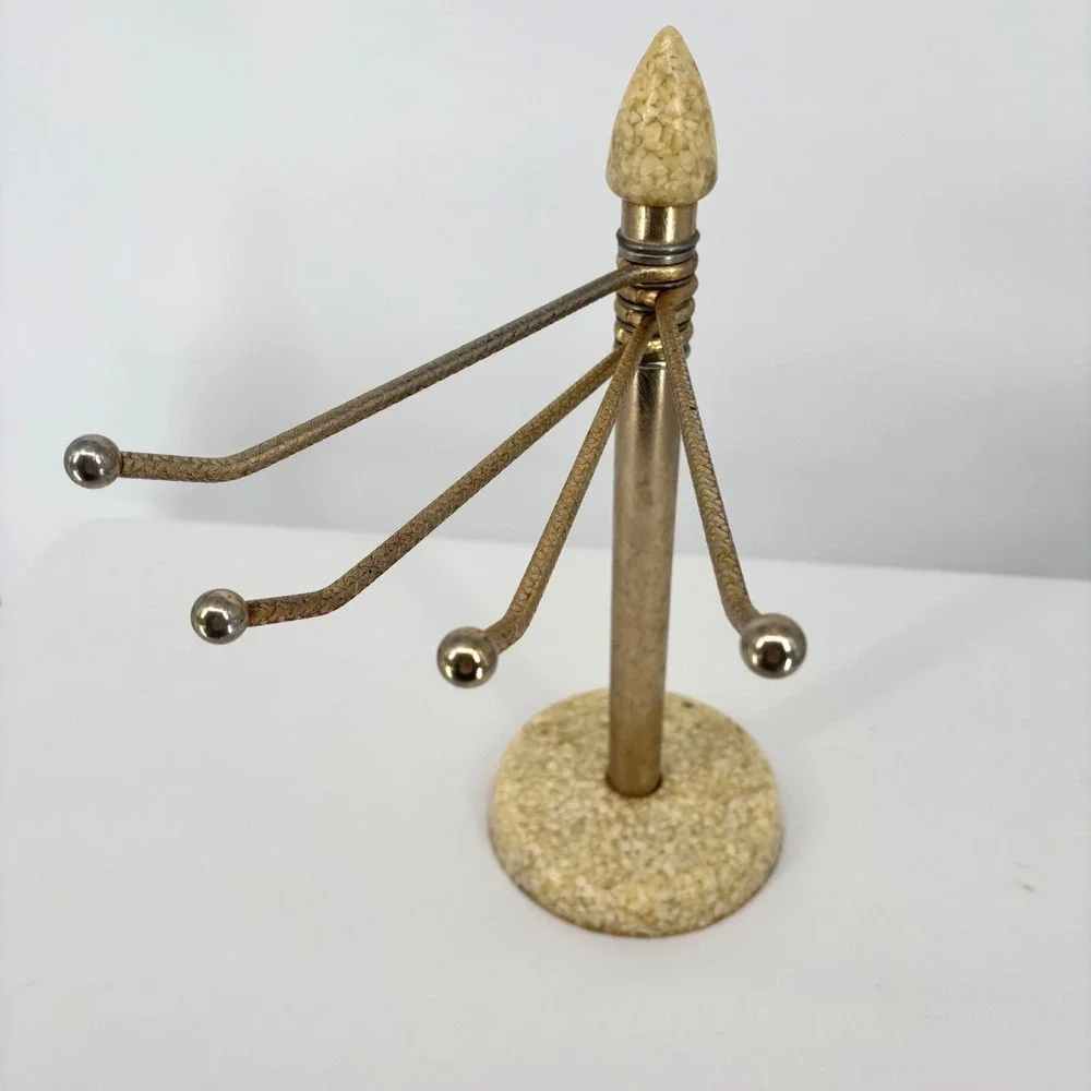 Vintage Mid Century Modern Rotating 4 Arm Jewelry Stand Gold Shell Resin Base
